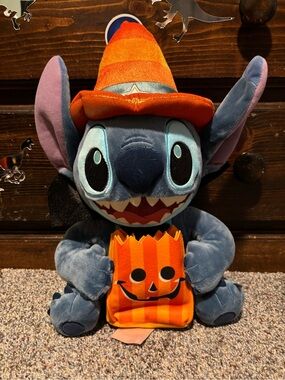 Stitch Halloween Plush Toy with Orange Pumpkin Treat Bag